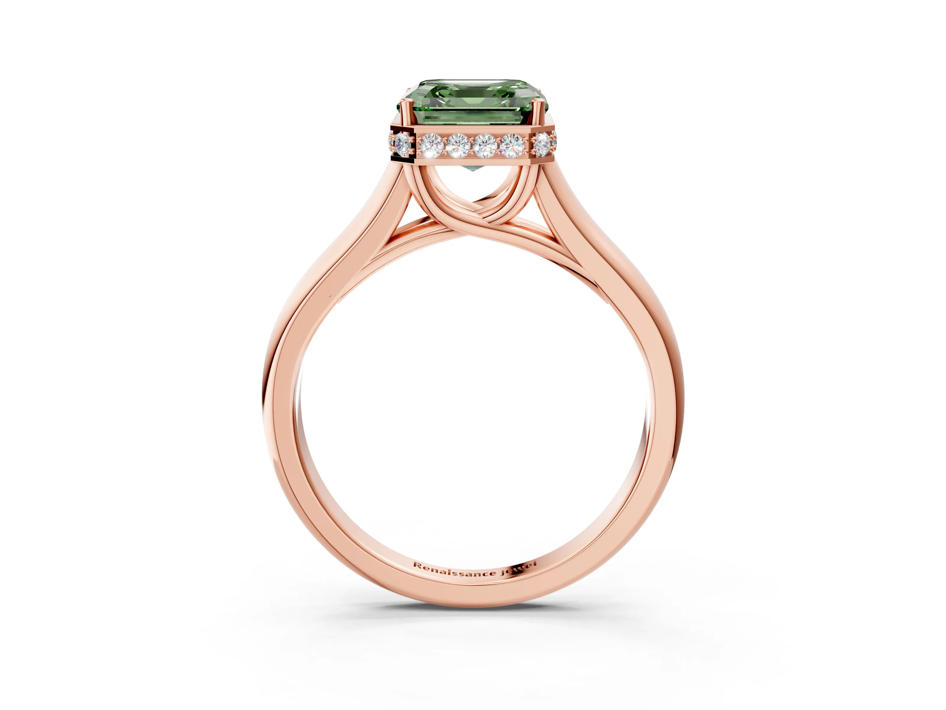 Rose gold Fancy Green Asscher Cut Solitaire Diamond Engagement Ring with Four-Prong Setting and Tapered Band_3