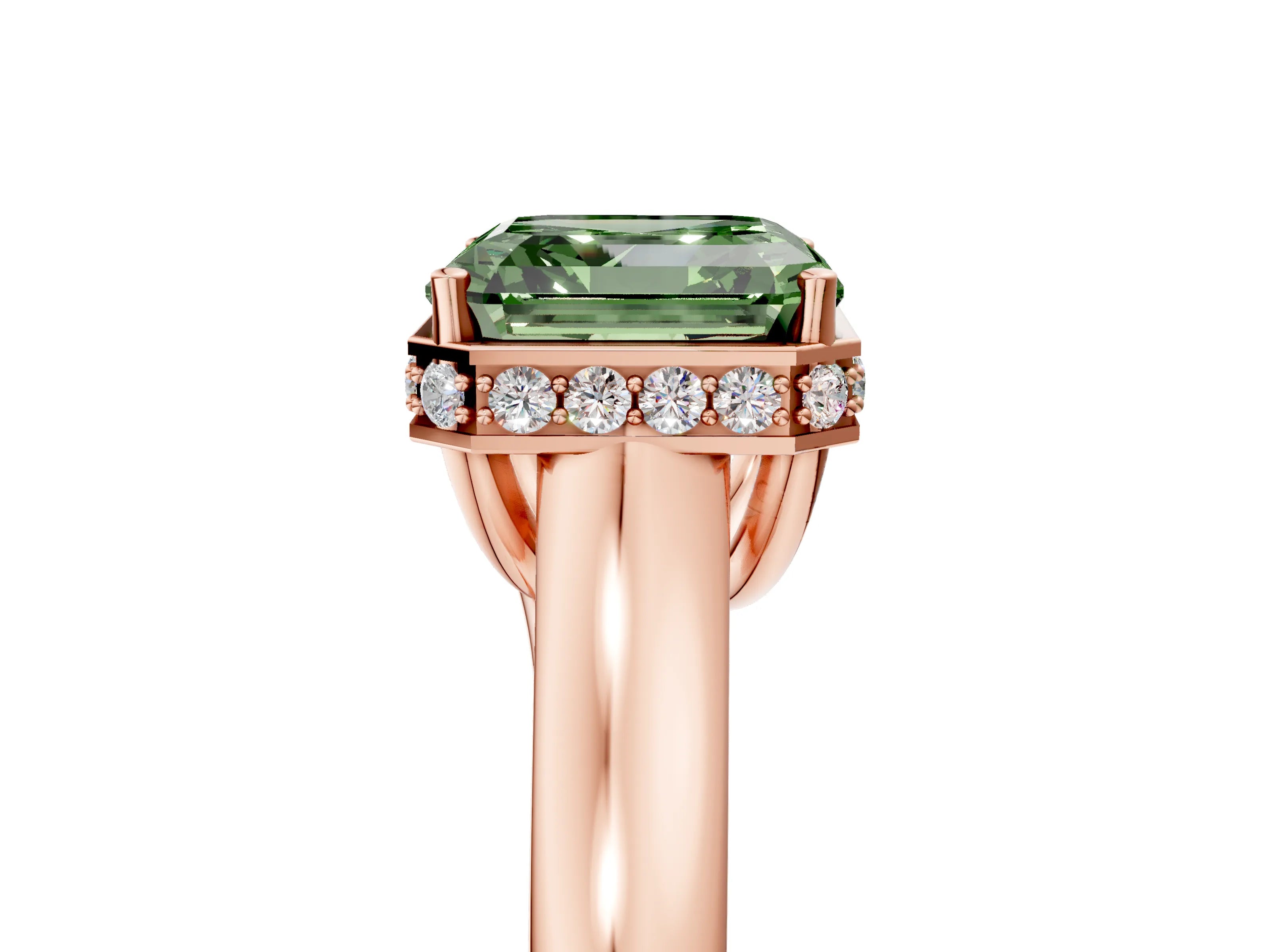 Rose gold Fancy Green Asscher Cut Solitaire Diamond Engagement Ring with Four-Prong Setting and Tapered Band_5