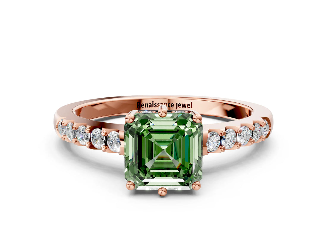 Rose gold Fancy Green Asscher Cut Solitaire Diamond Engagement Ring with Pavé Band and Six-Prong Setting_24
