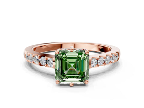 Rose gold Fancy Green Asscher Cut Solitaire Diamond Engagement Ring with Pavé Band and Six-Prong Setting