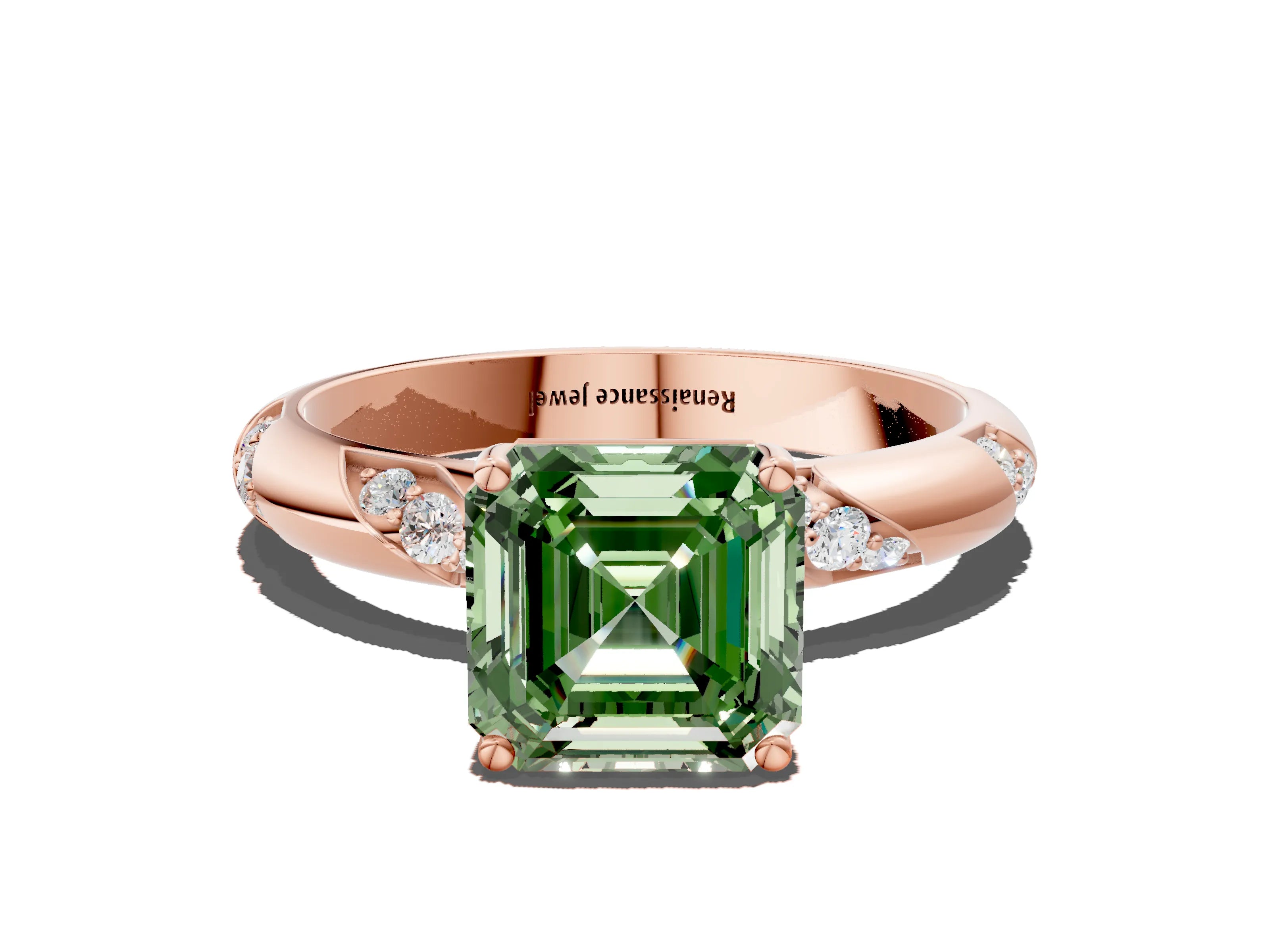 Rose gold Fancy Green Asscher Cut Solitaire Diamond Engagement Ring with Twisted Pave Band and Four-Prong Setting_3