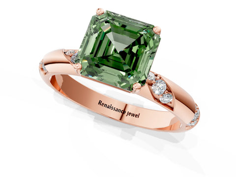 Rose gold Fancy Green Asscher Cut Solitaire Diamond Engagement Ring with Twisted Pave Band and Four-Prong Setting_4