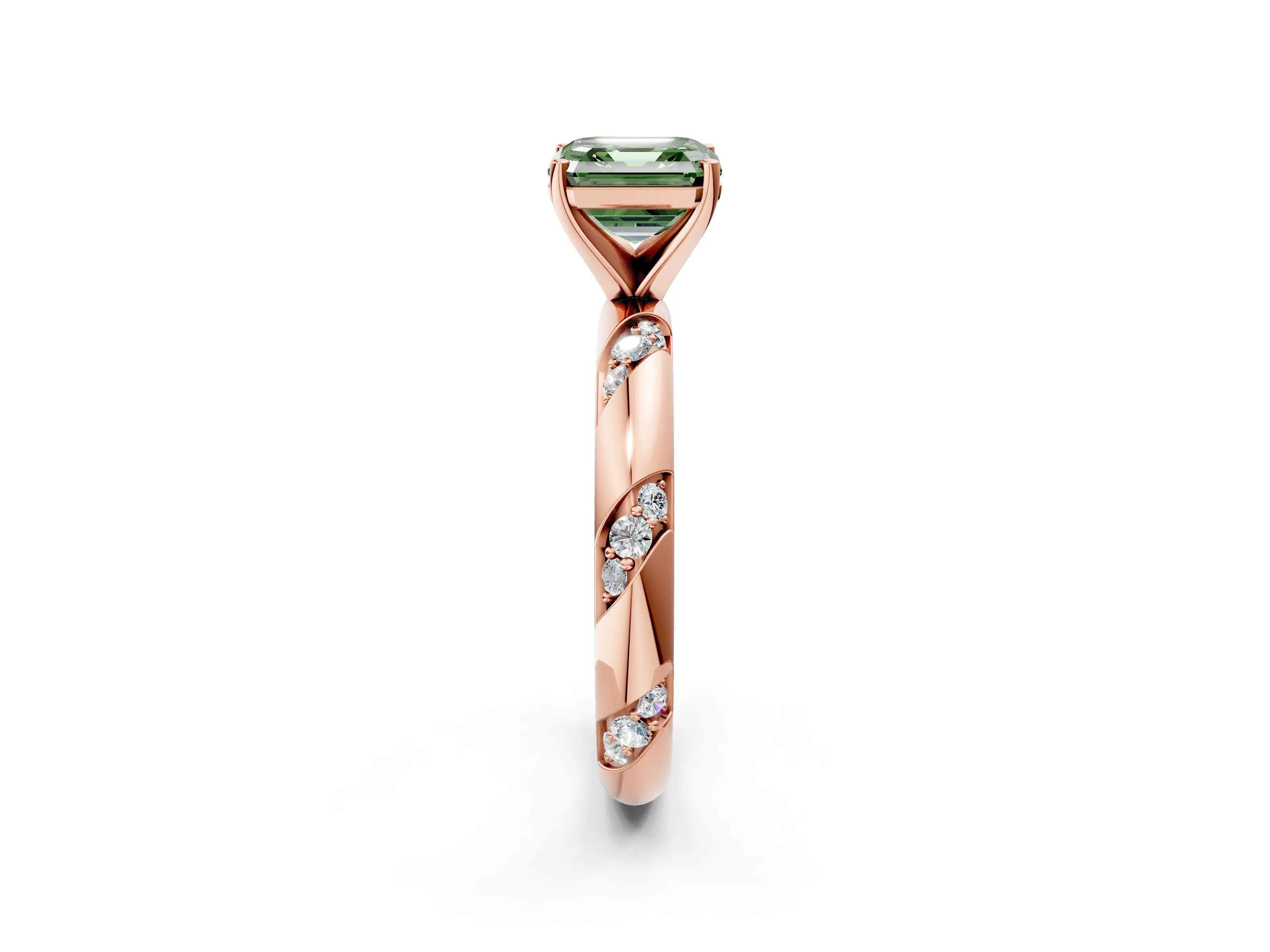 Rose gold Fancy Green Asscher Cut Solitaire Diamond Engagement Ring with Twisted Pave Band and Four-Prong Setting_5