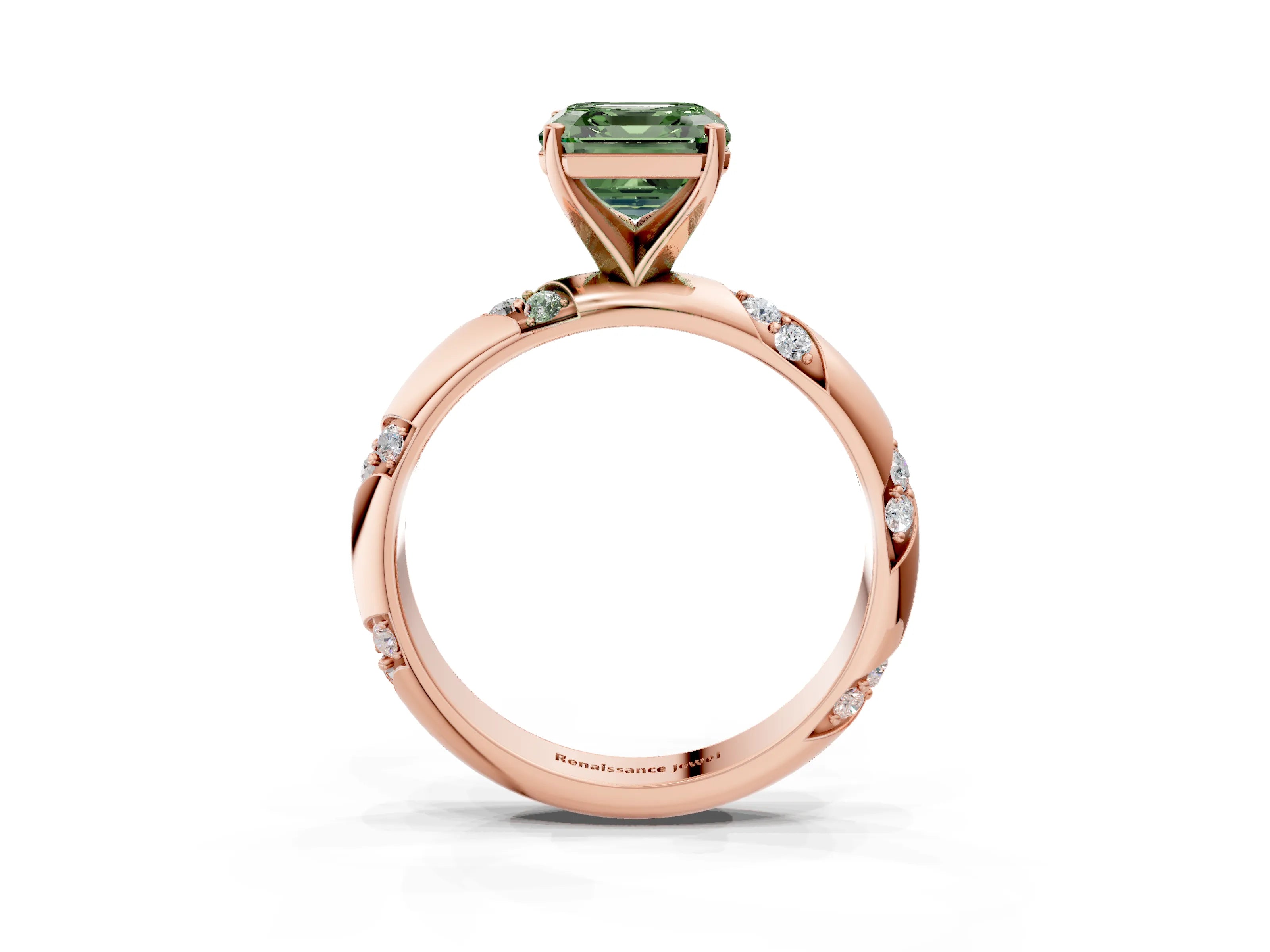 Rose gold Fancy Green Asscher Cut Solitaire Diamond Engagement Ring with Twisted Pave Band and Four-Prong Setting_6