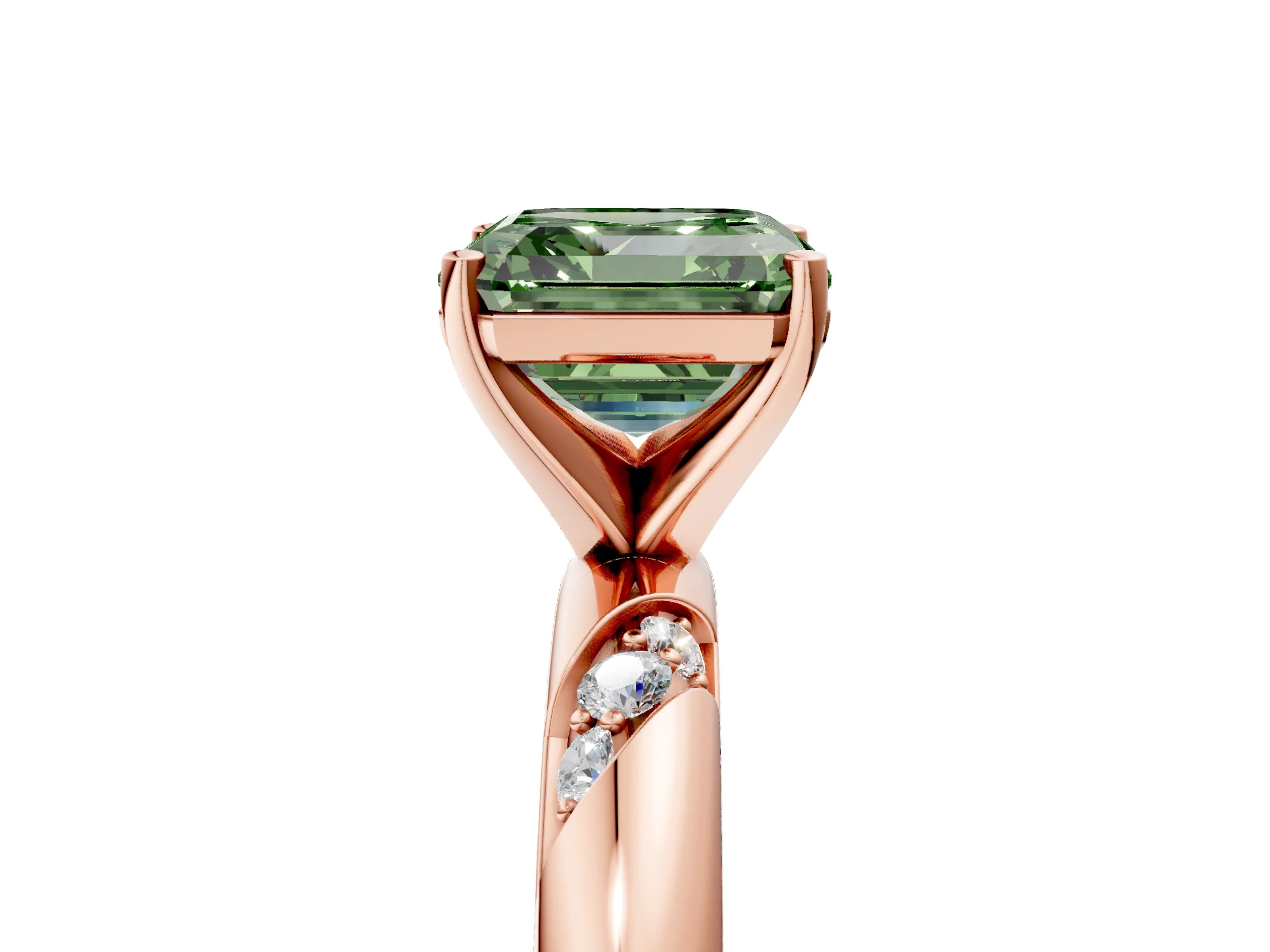 Rose gold Fancy Green Asscher Cut Solitaire Diamond Engagement Ring with Twisted Pave Band and Four-Prong Setting_8