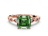 Rose gold Fancy Green Asscher Cut Solitaire Diamond Ring with Infinity Twist Band and Four-Prong Setting