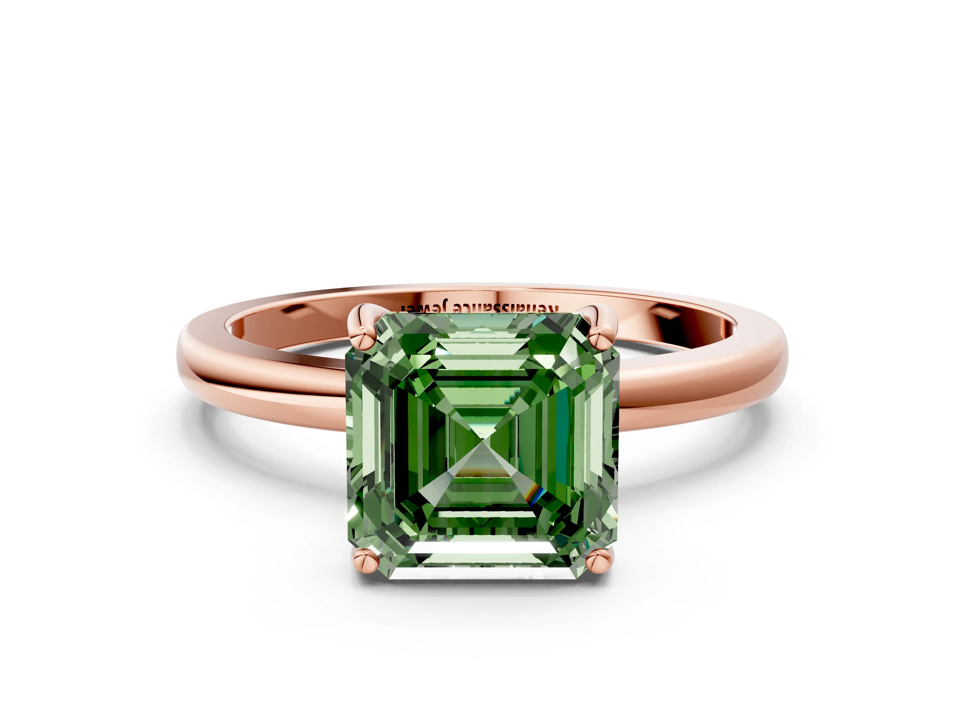 Rose gold Fancy Green Asscher Cut Solitaire Diamond Ring with Prong Setting and Plain Band