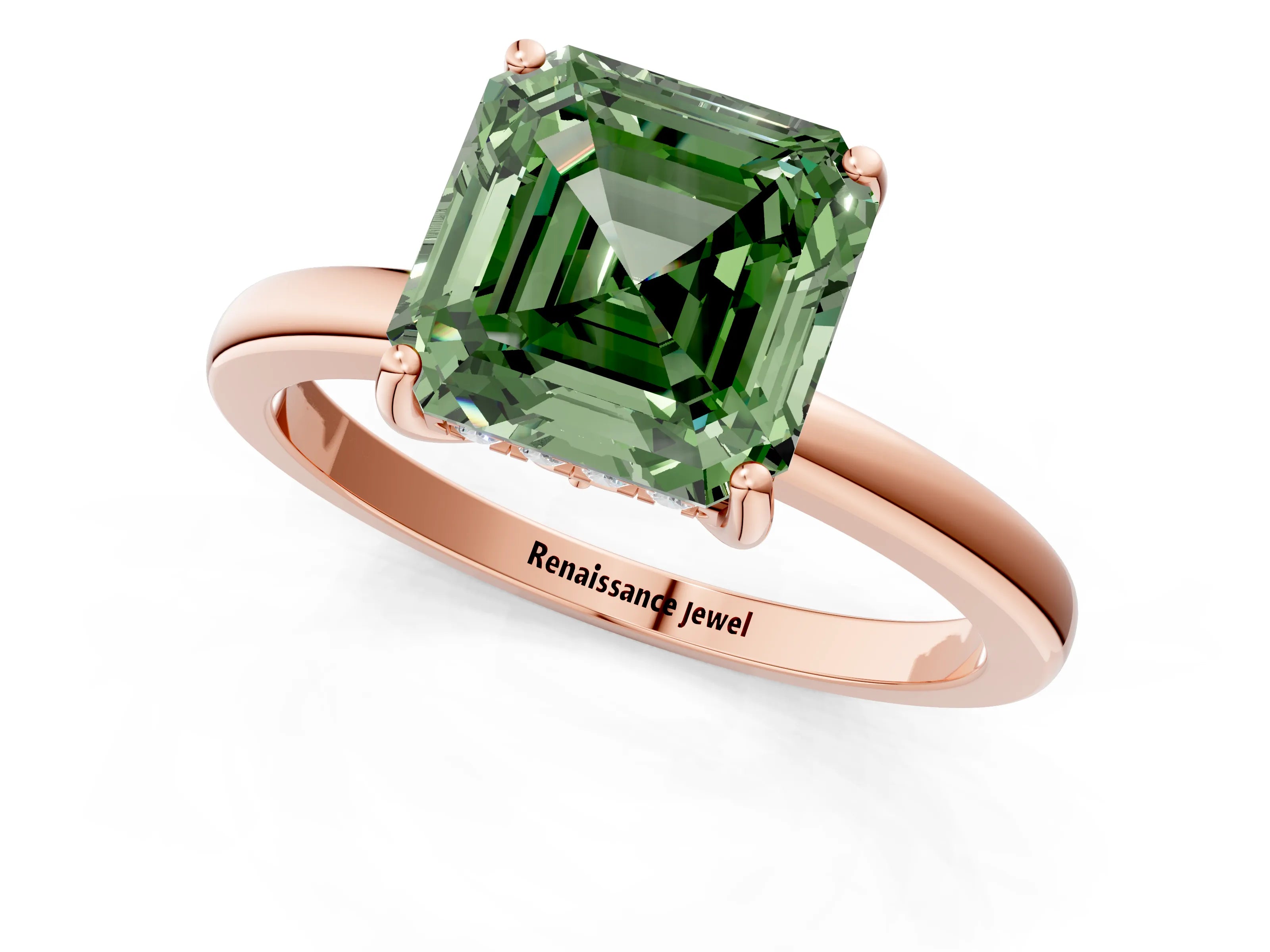 Rose gold Fancy Green Asscher Cut Solitaire Diamond Ring with Prong Setting and Plain Band_1