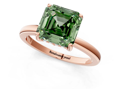 Rose gold Fancy Green Asscher Cut Solitaire Diamond Ring with Prong Setting and Plain Band_1