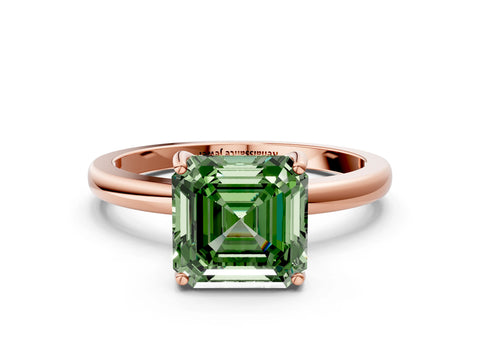 Rose gold Fancy Green Asscher Cut Solitaire Diamond Ring with Prong Setting and Plain Band