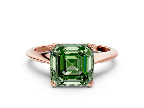 Rose gold Fancy Green Asscher Cut Solitaire Diamond Ring with Six-Prong Setting and Classic Band