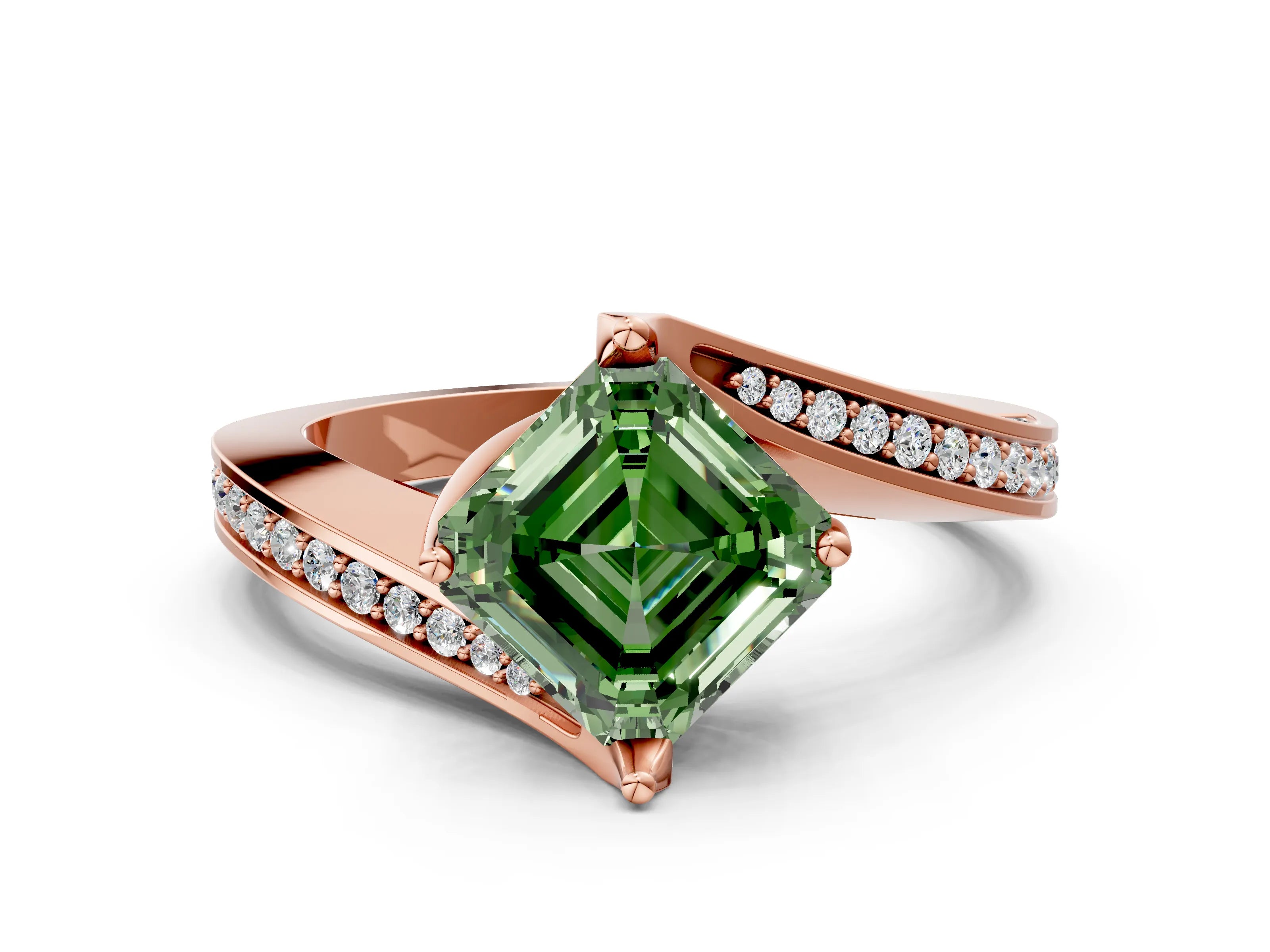 Rose gold Fancy Green Asscher Cut Solitaire Diamond Twist Band with Pavé Setting and Four-Prong Setting