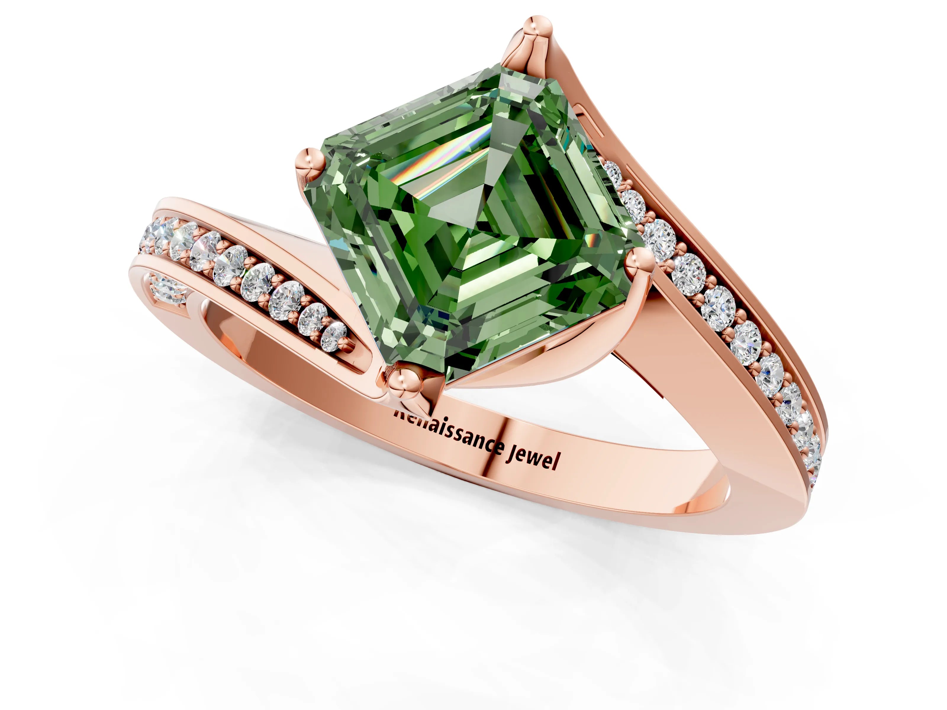 Rose gold Fancy Green Asscher Cut Solitaire Diamond Twist Band with Pavé Setting and Four-Prong Setting_1