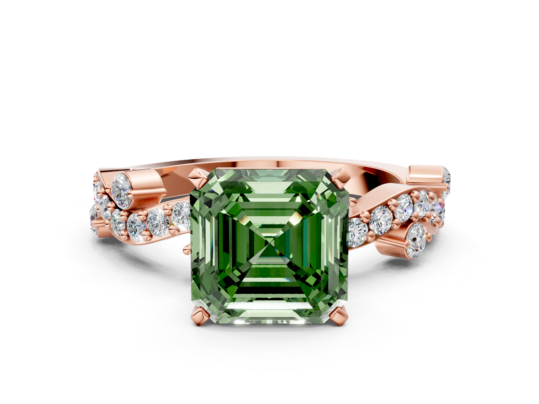 Rose gold Fancy Green Asscher  Cut Solitaire Diamond Twisted Band with Pave Setting_17