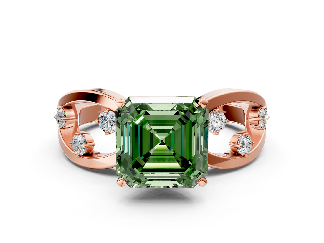 Rose gold Fancy Green Asscher  Cut Solitaire Diamond with Side Stones on Criss-Cross Band and Four-Prong Setting_17