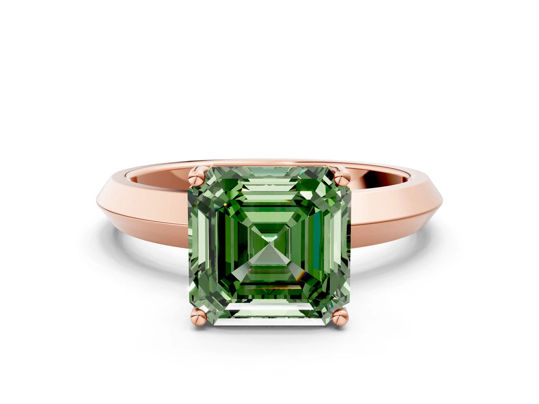 Rose gold Fancy Green Asscher  Cut Solitaire Engagement Ring with Flat Band and Four-Prong Setting 1