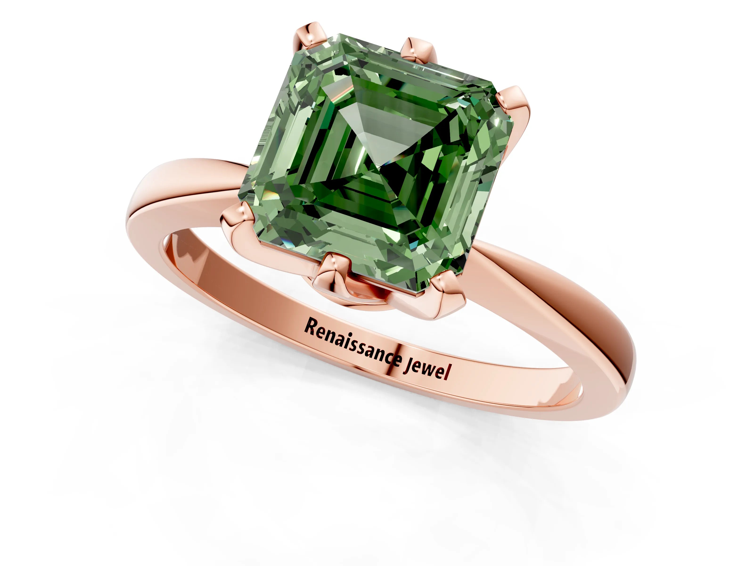 Rose gold Fancy Green Asscher Cut Solitaire Engagement Ring with Six-Prong Setting and Tapered Band_1