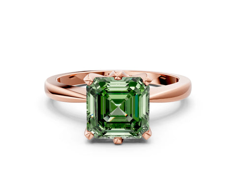 Rose gold Fancy Green Asscher Cut Solitaire Engagement Ring with Six-Prong Setting and Tapered Band