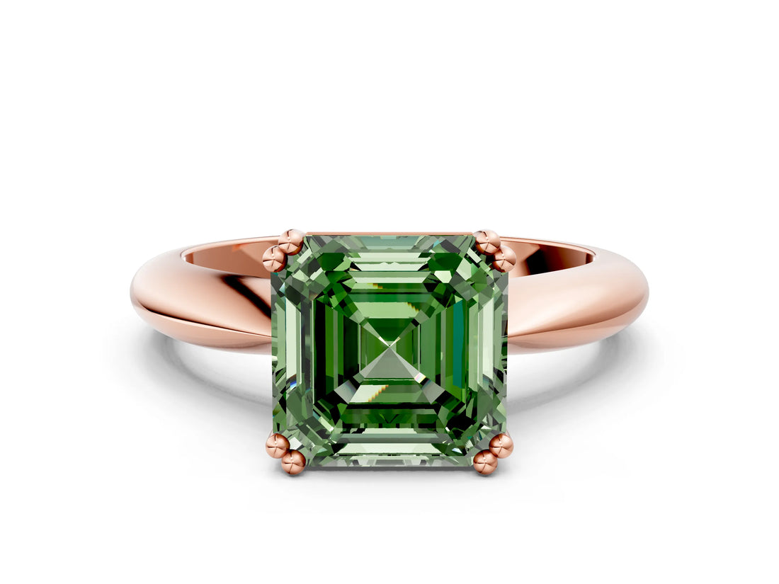 Rose gold Fancy Green Asscher  Cut Solitaire Engagement Ring with Tapered Band and Four-Prong Setting 1