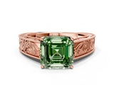 Rose gold Fancy Green Asscher  Cut Solitaire Engraved Band with Four-Prong Setting