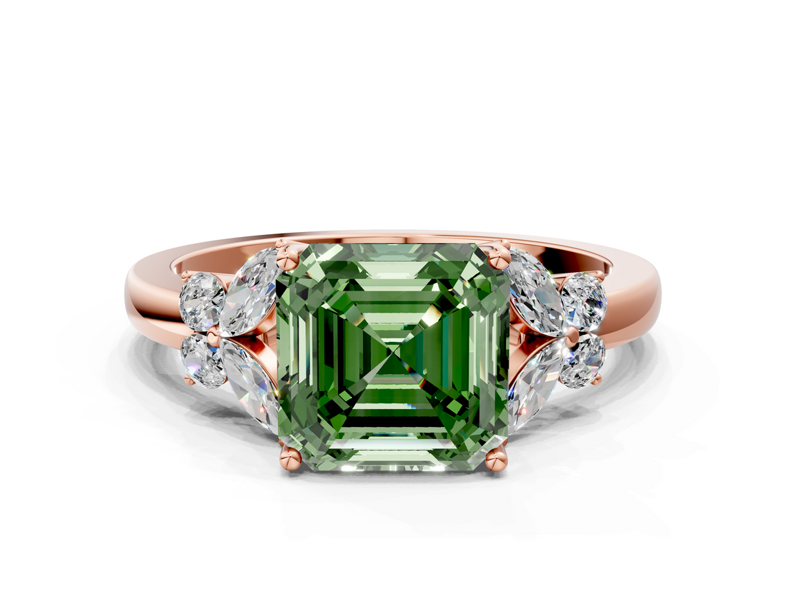 Rose gold Fancy Green Asscher  Cut Solitaire Floral Diamond Ring with Four-Prong Setting_9
