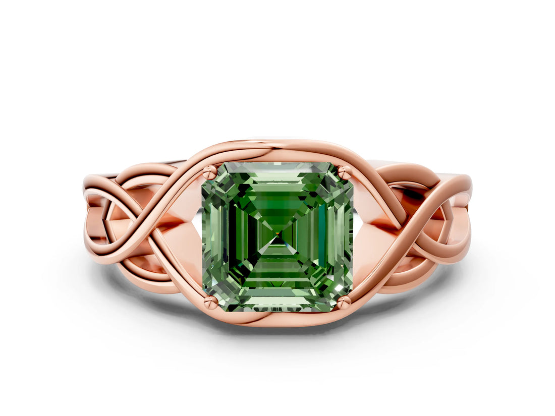 Rose gold Fancy Green Asscher Cut Solitaire Intertwined Band Prong Setting Ring