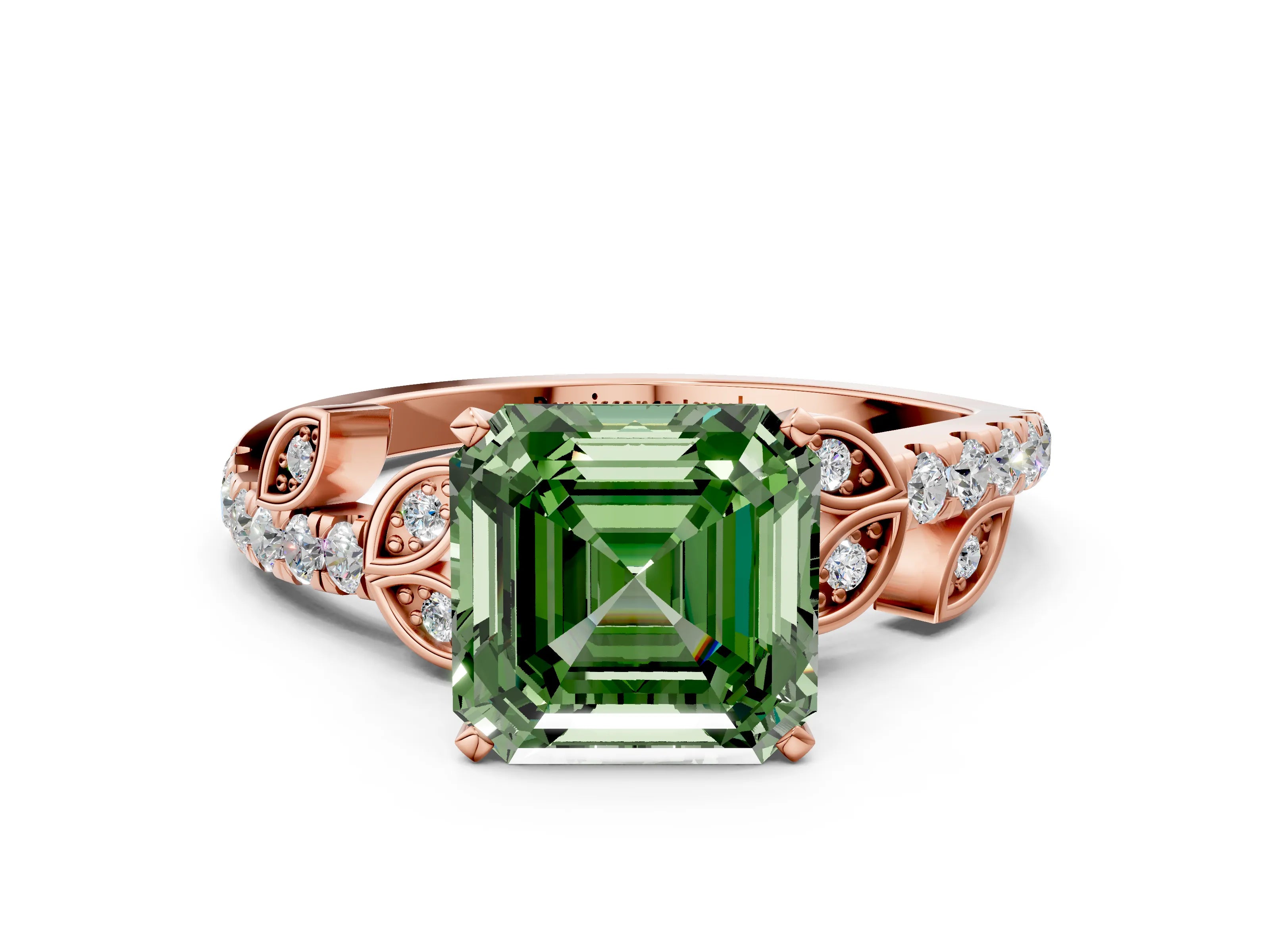 Rose gold Fancy Green Asscher Cut Solitaire Leaf-Inspired Diamond Ring with Pavé Band and Four-Prong Setting