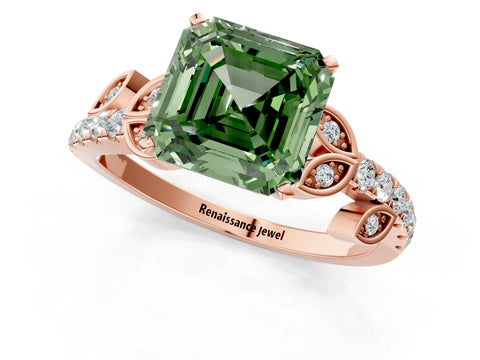 Rose gold Fancy Green Asscher Cut Solitaire Leaf-Inspired Diamond Ring with Pavé Band and Four-Prong Setting_1