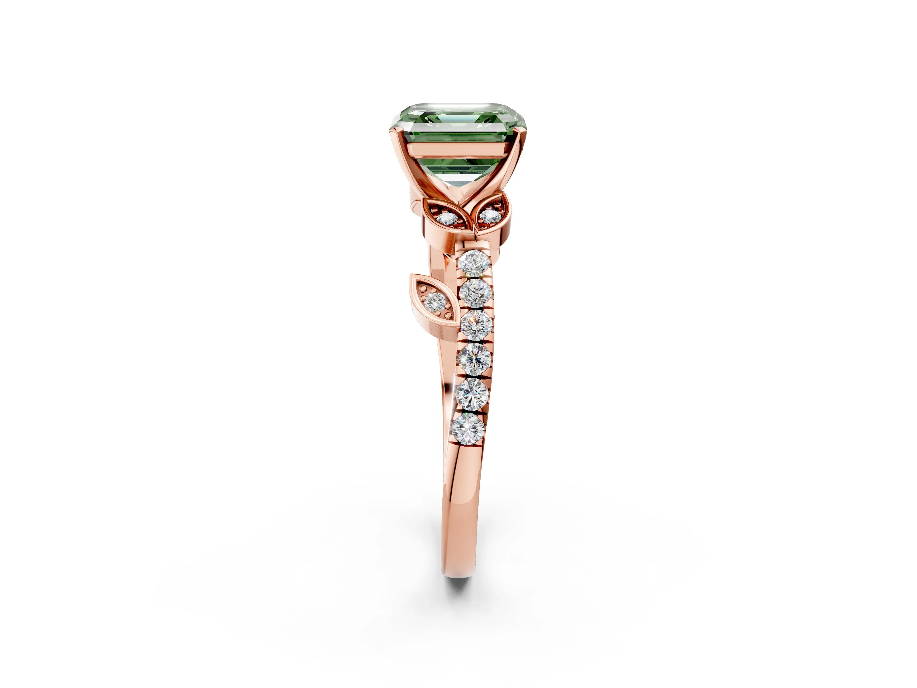 Rose gold Fancy Green Asscher Cut Solitaire Leaf-Inspired Diamond Ring with Pavé Band and Four-Prong Setting_2