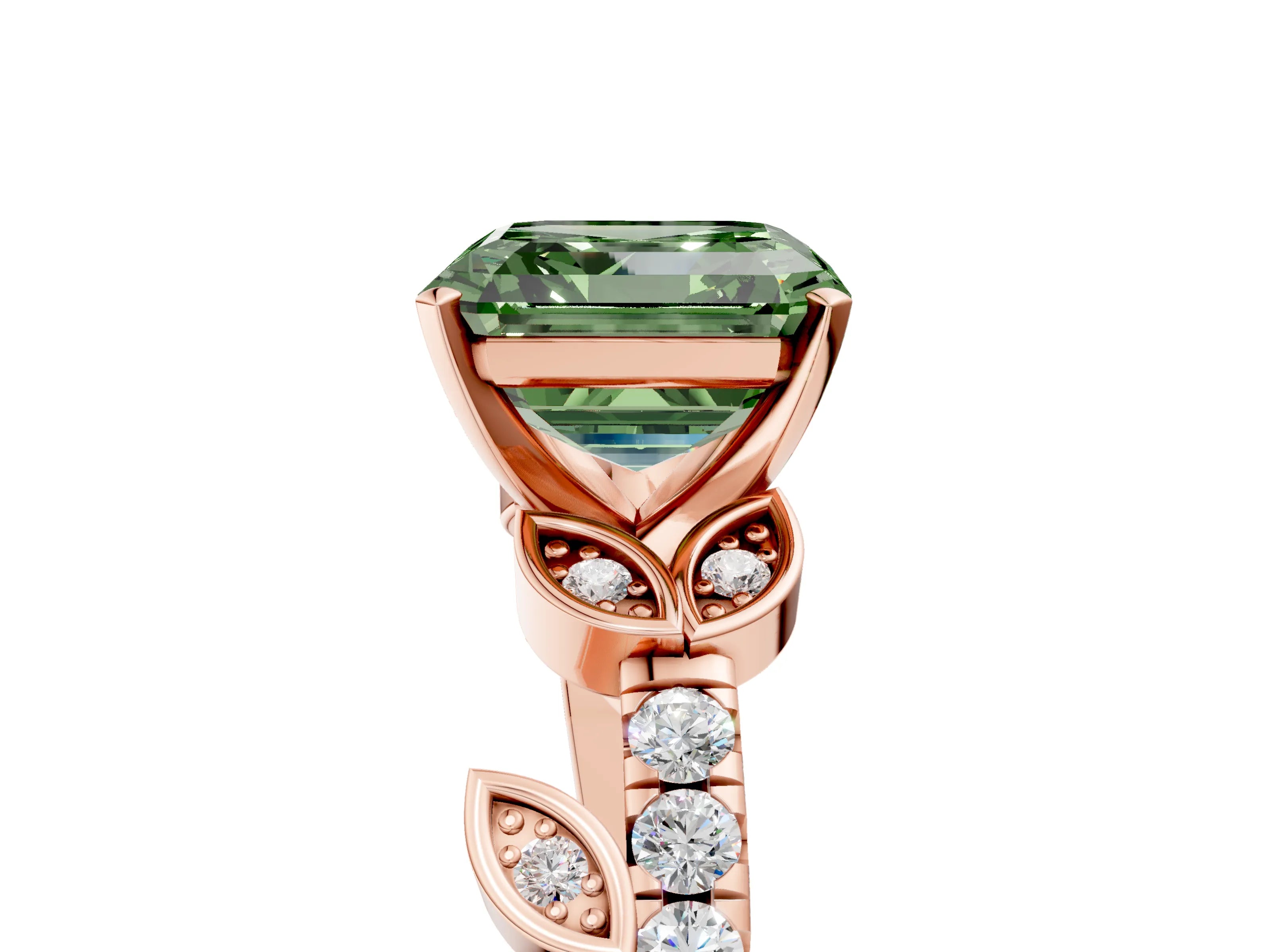 Rose gold Fancy Green Asscher Cut Solitaire Leaf-Inspired Diamond Ring with Pavé Band and Four-Prong Setting_5
