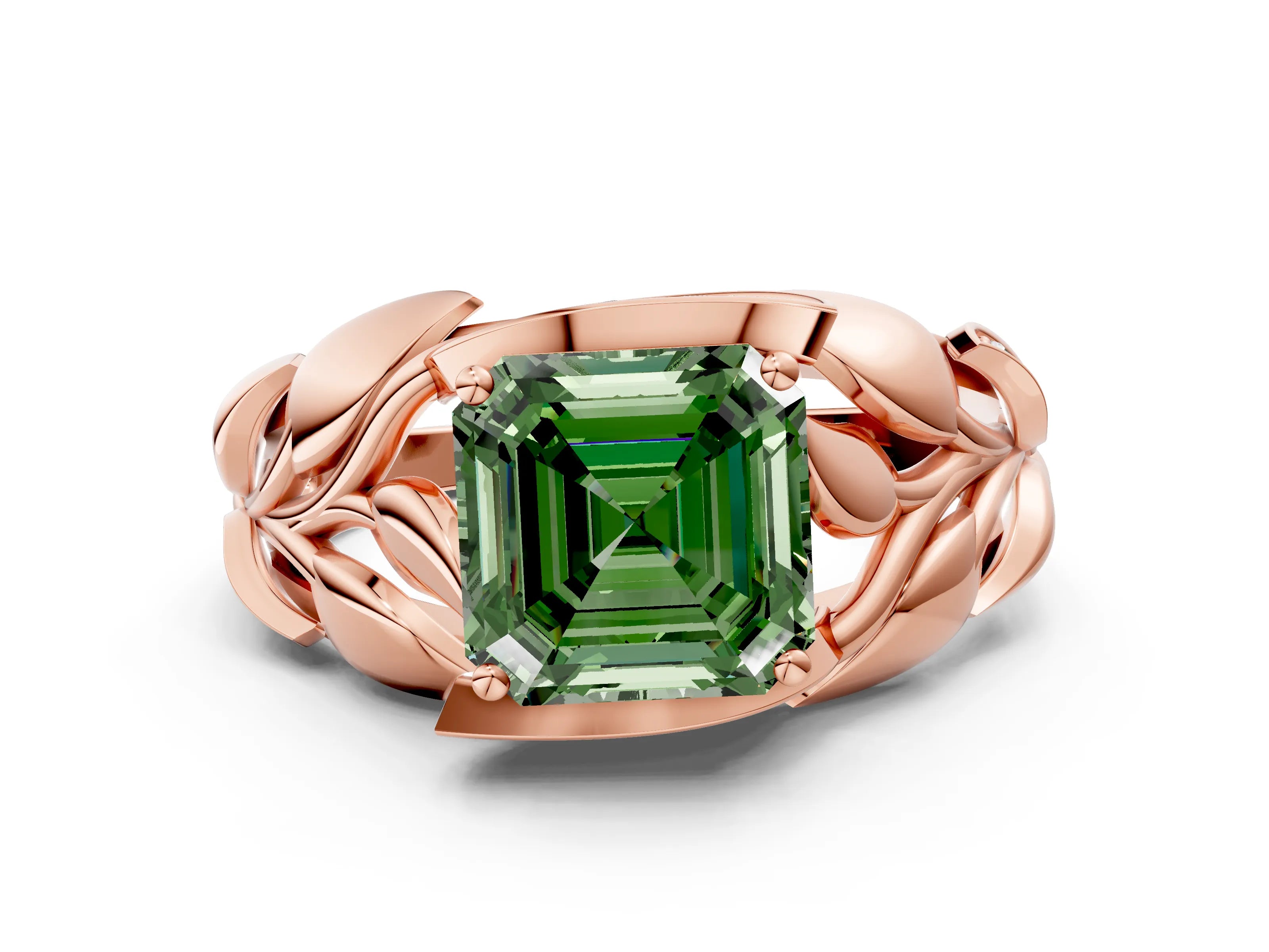 Rose gold Fancy Green Asscher Cut Solitaire Leaf-Inspired Engagement Ring with Prong Setting