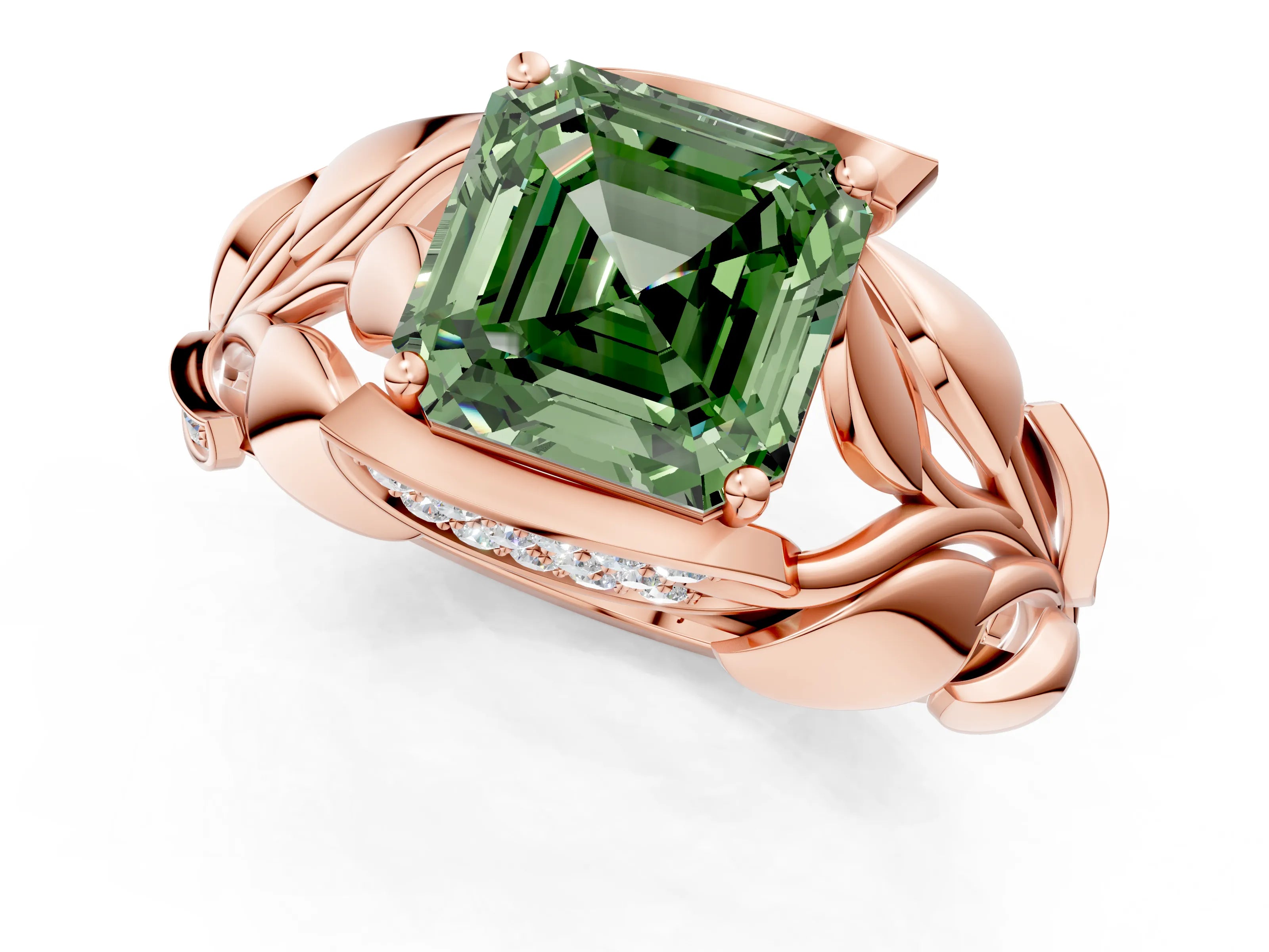 Rose gold Fancy Green Asscher Cut Solitaire Leaf-Inspired Engagement Ring with Prong Setting_1