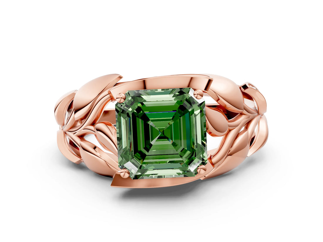Rose gold Fancy Green Asscher Cut Solitaire Leaf-Inspired Engagement Ring with Prong Setting_12