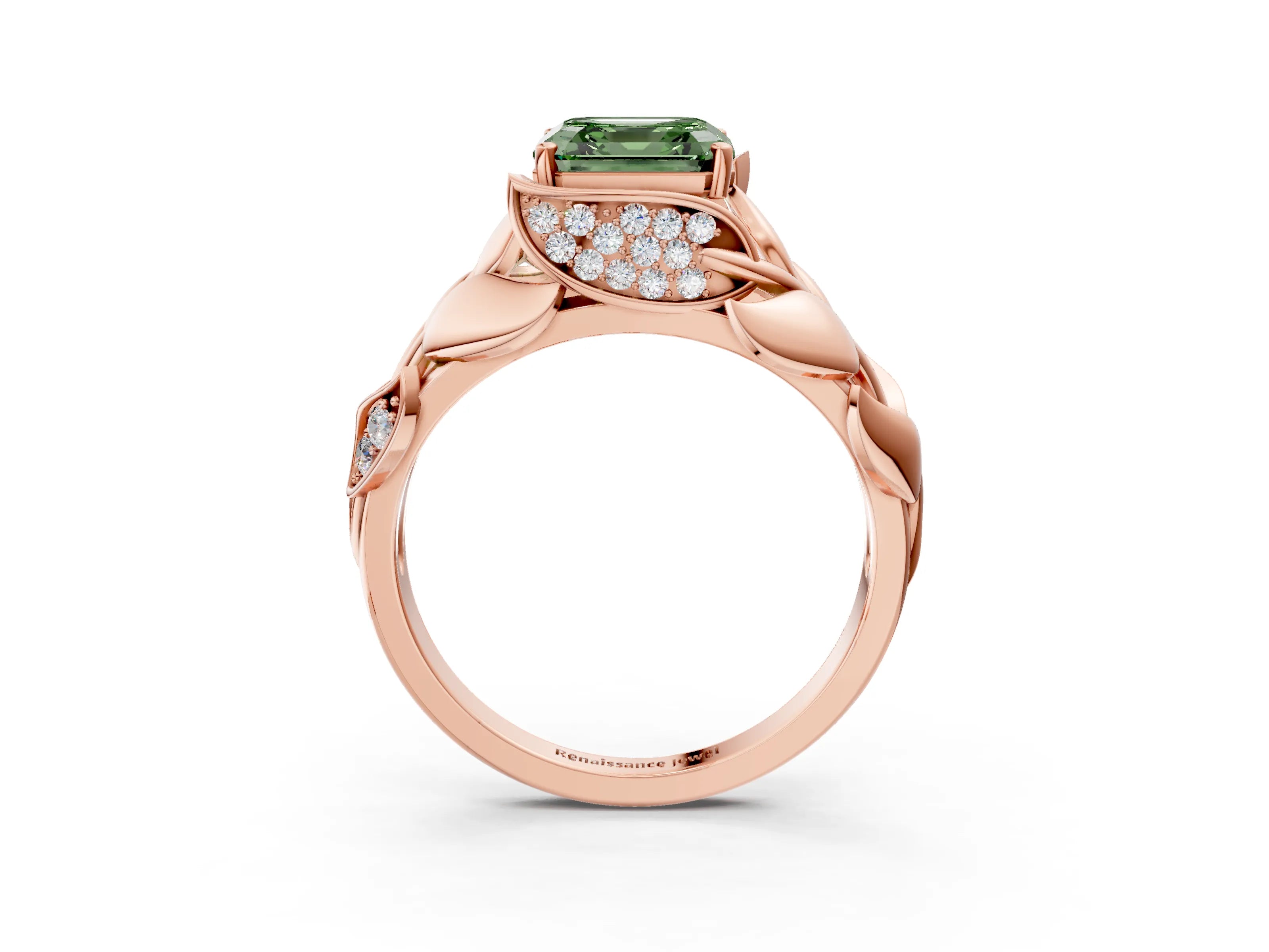 Rose gold Fancy Green Asscher Cut Solitaire Leaf-Inspired Engagement Ring with Prong Setting_3