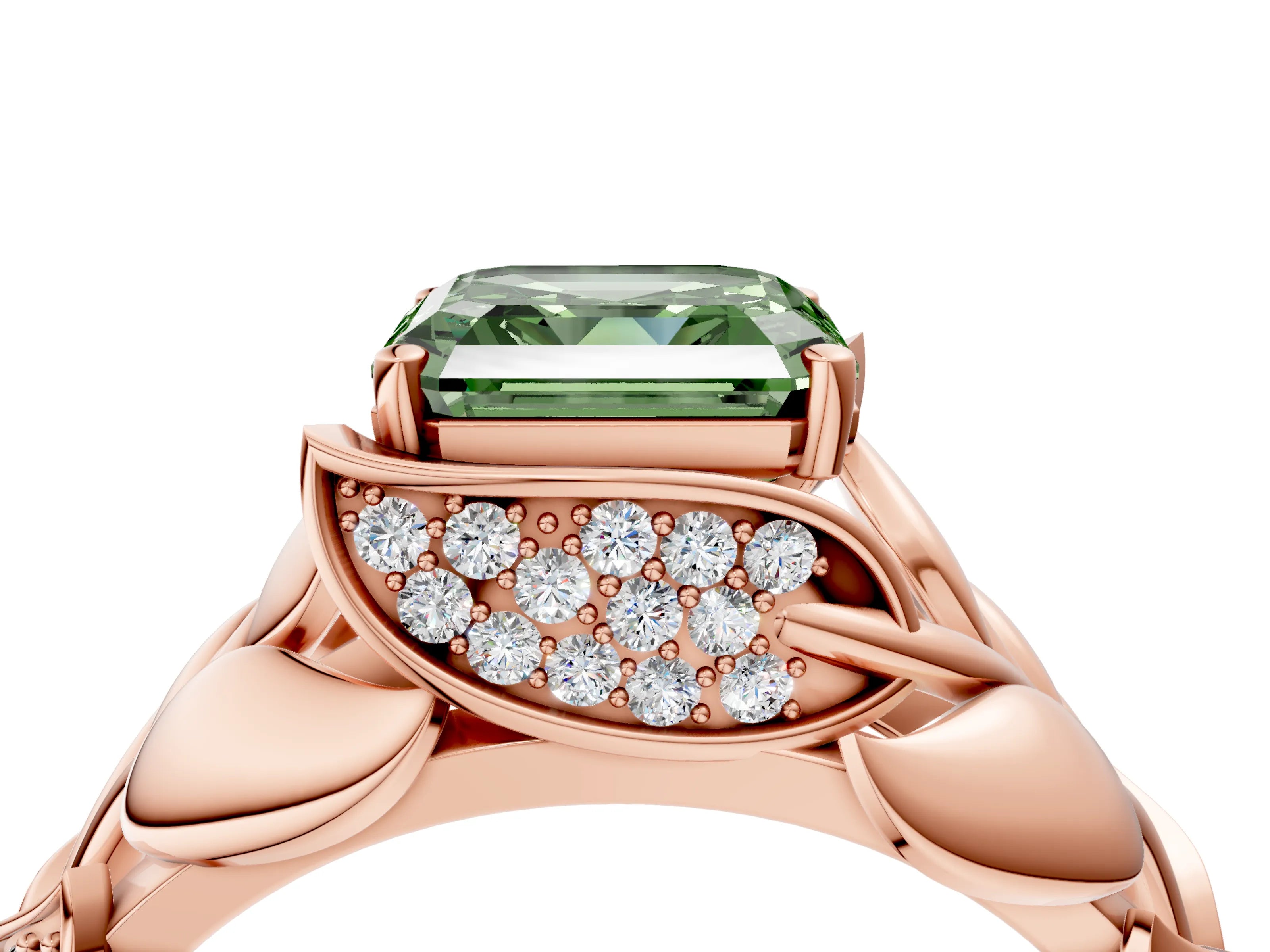Rose gold Fancy Green Asscher Cut Solitaire Leaf-Inspired Engagement Ring with Prong Setting_4