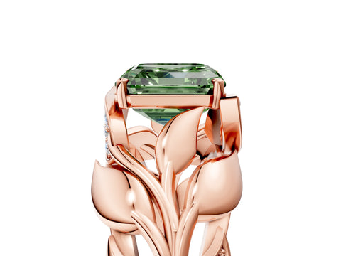 Rose gold Fancy Green Asscher Cut Solitaire Leaf-Inspired Engagement Ring with Prong Setting_5