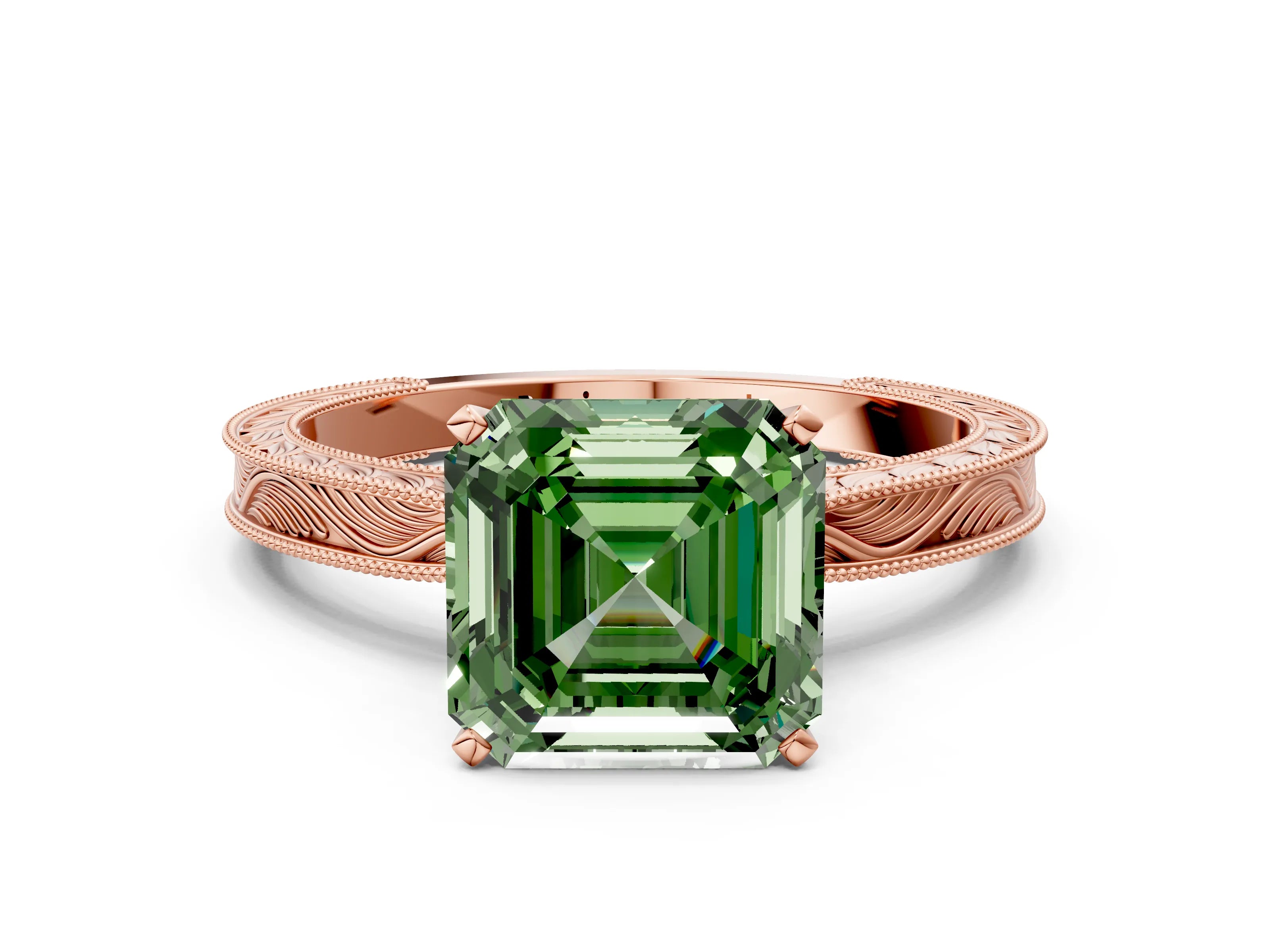 Rose gold Fancy Green Asscher Cut Solitaire Milgrain Engraved Band with Four-Prong Setting