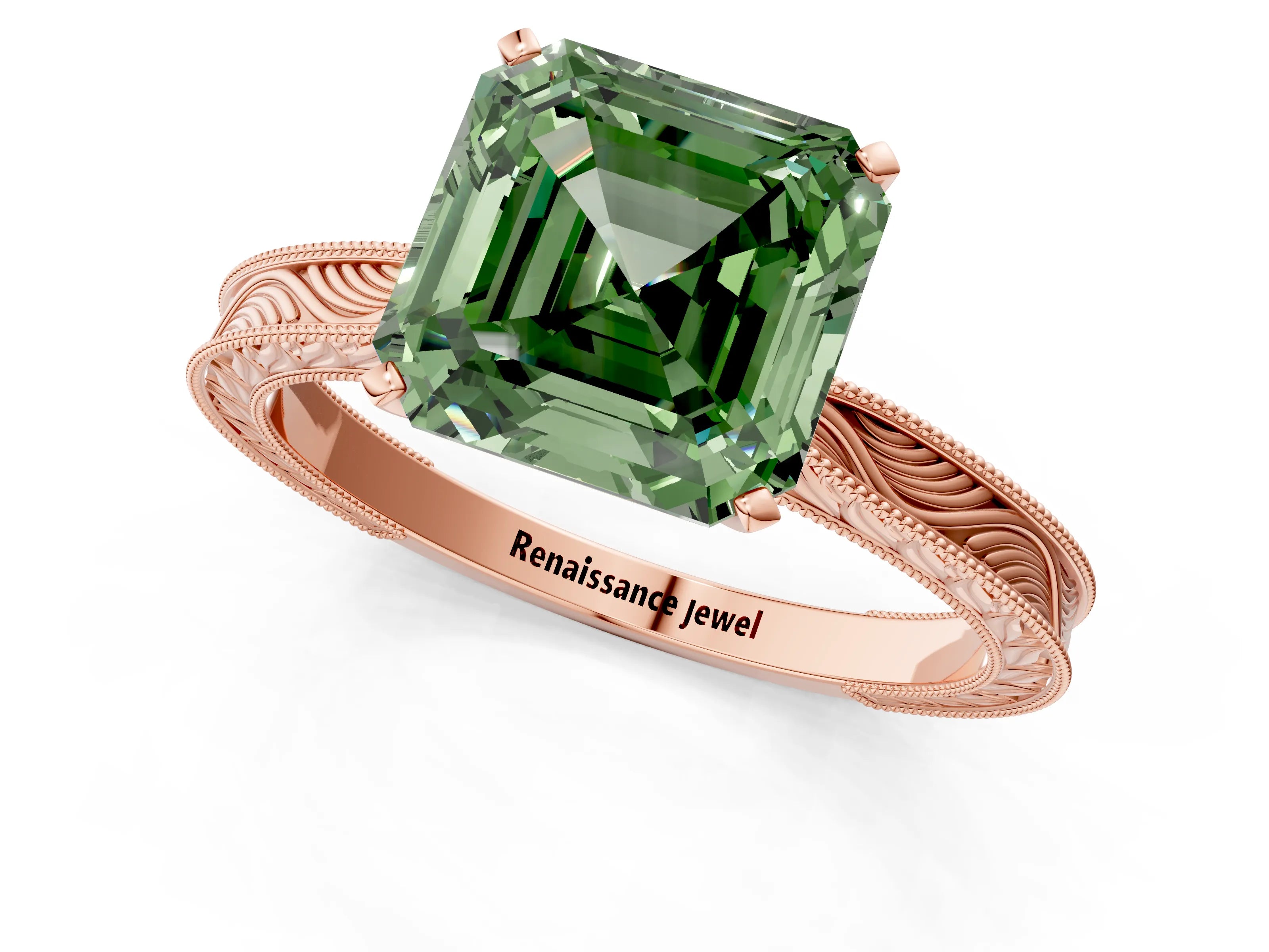 Rose gold Fancy Green Asscher Cut Solitaire Milgrain Engraved Band with Four-Prong Setting_1