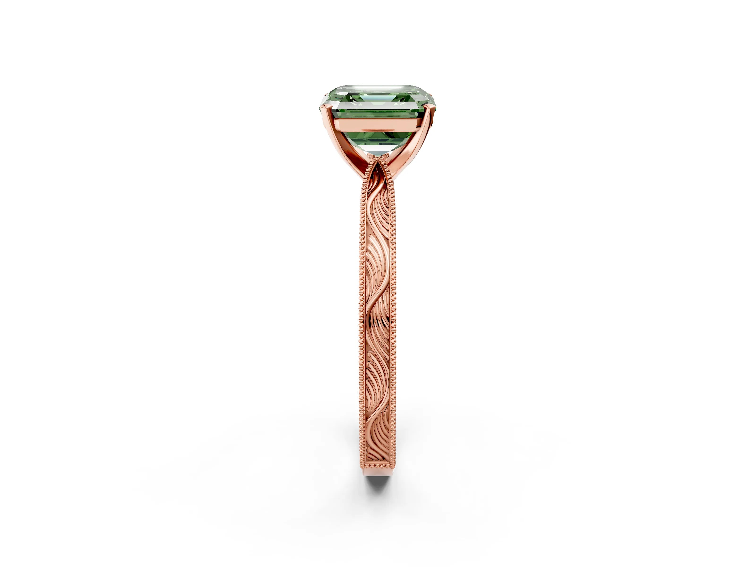 Rose gold Fancy Green Asscher Cut Solitaire Milgrain Engraved Band with Four-Prong Setting_2