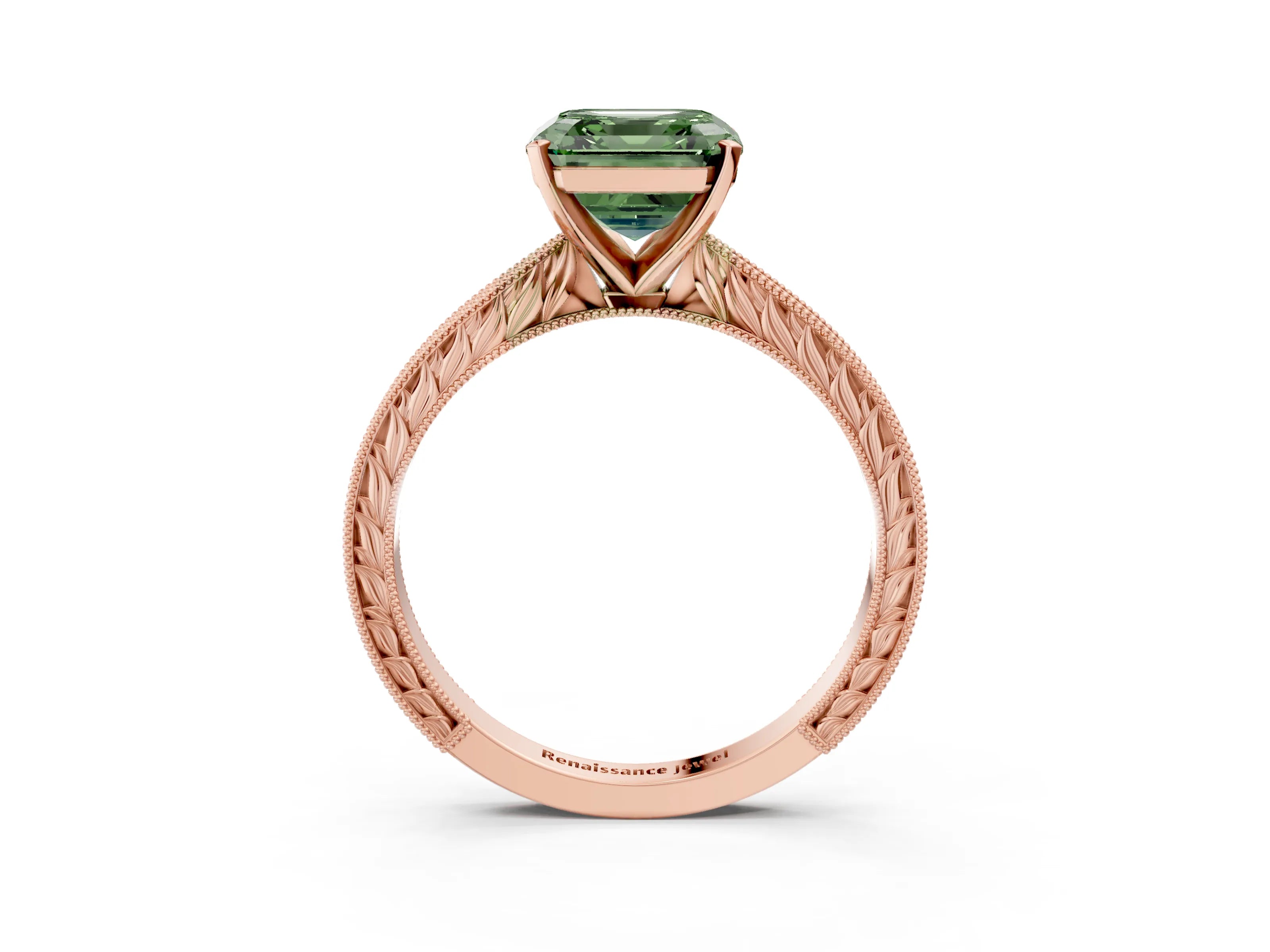 Rose gold Fancy Green Asscher Cut Solitaire Milgrain Engraved Band with Four-Prong Setting_3