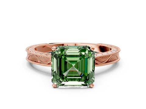 Rose gold Fancy Green Asscher Cut Solitaire Milgrain Engraved Band with Four-Prong Setting