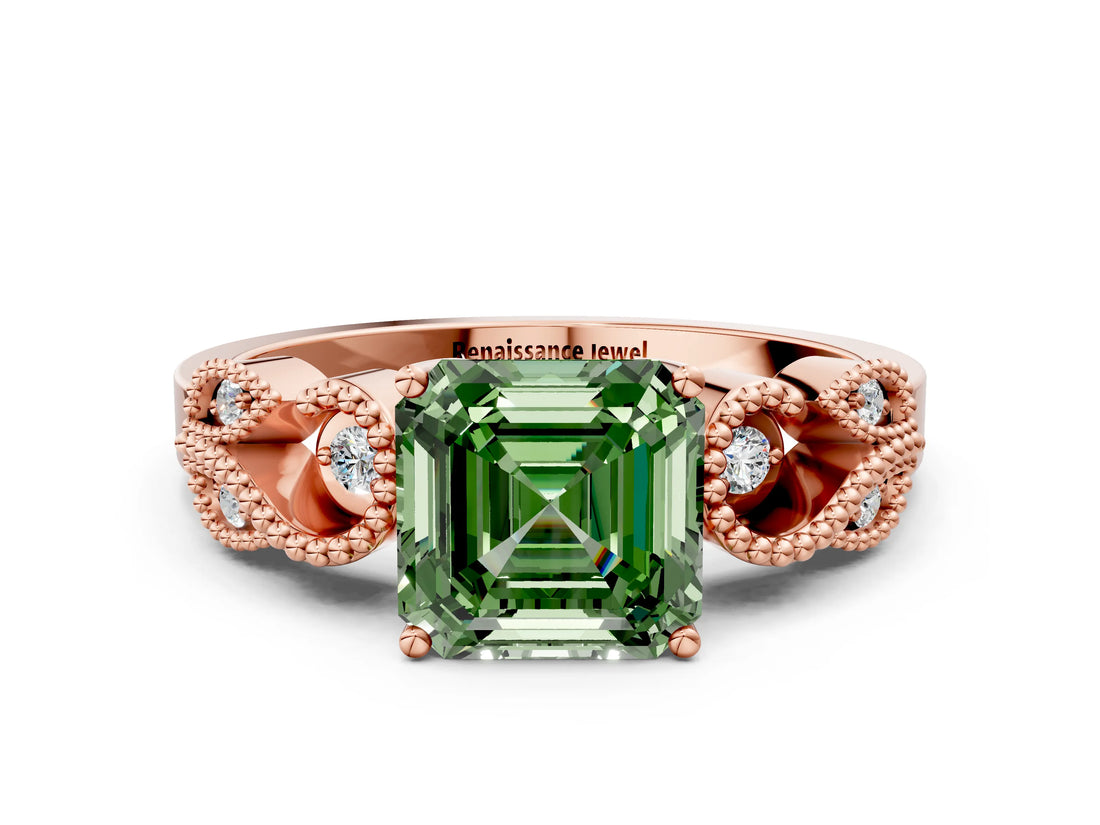 Rose gold Fancy Green Asscher Cut Solitaire Milgrain Leaf Band with Prong Setting_12