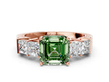 Rose gold Fancy Green Asscher Cut Solitaire Princess Side Stone Engraved Band Prong Setting Ring