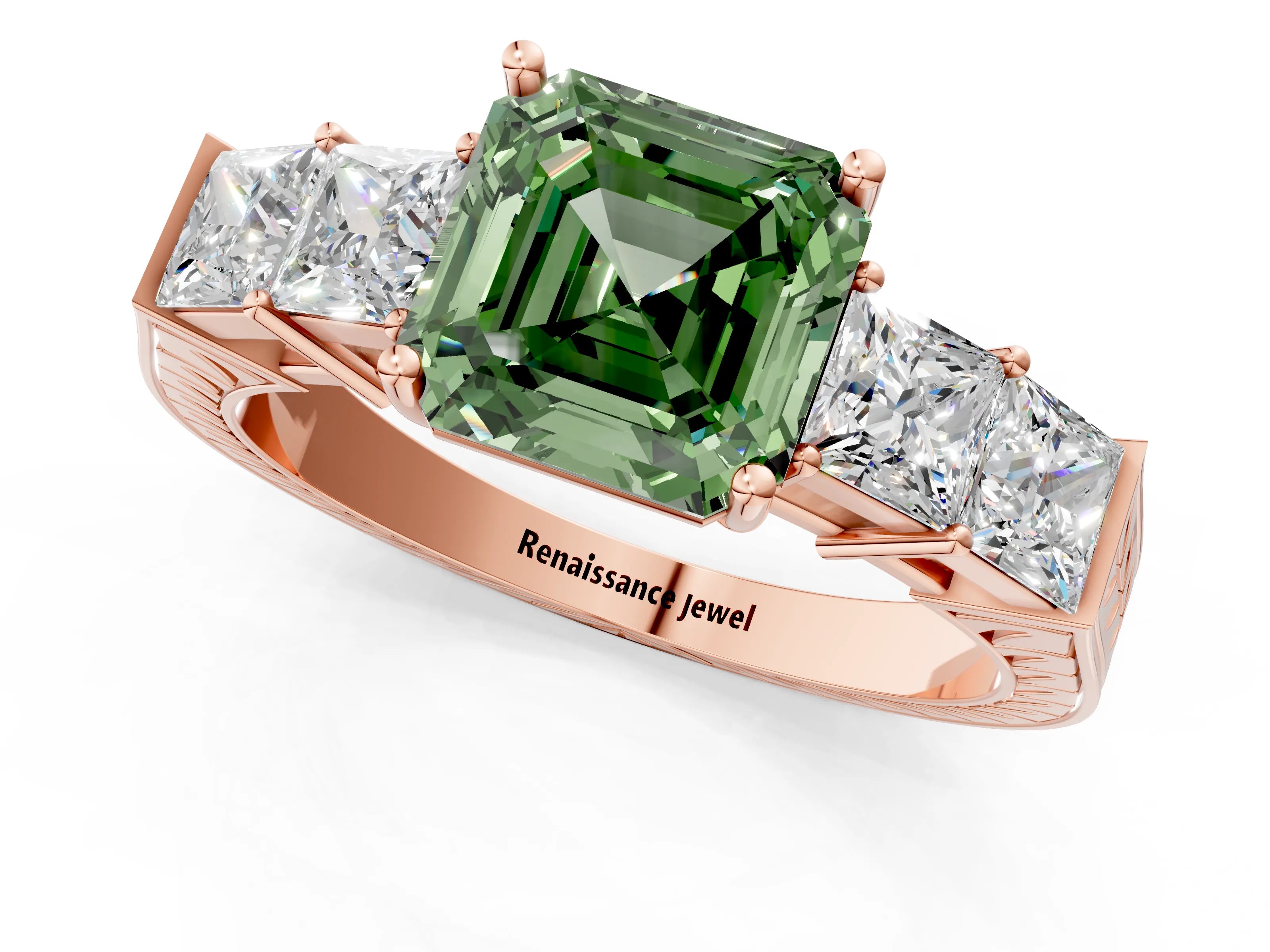 Rose gold Fancy Green Asscher Cut Solitaire Princess Side Stone Engraved Band Prong Setting Ring_1