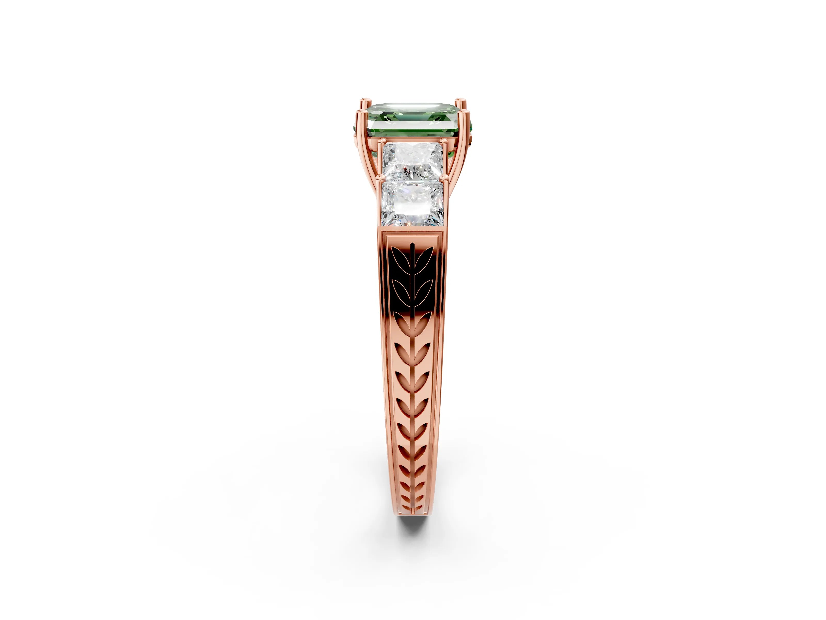 Rose gold Fancy Green Asscher Cut Solitaire Princess Side Stone Engraved Band Prong Setting Ring_2