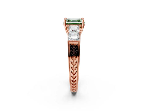 Rose gold Fancy Green Asscher Cut Solitaire Princess Side Stone Engraved Band Prong Setting Ring_2