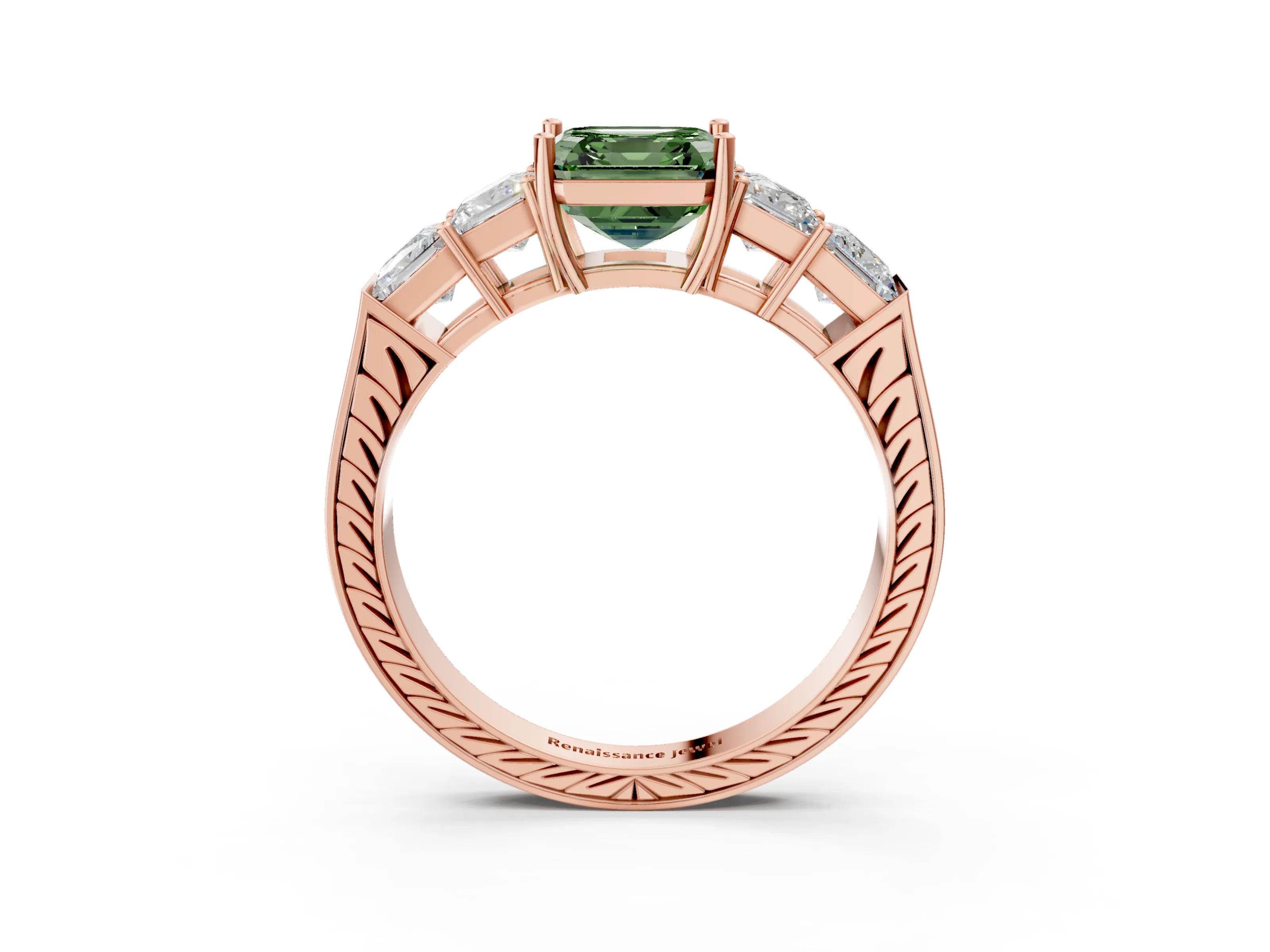 Rose gold Fancy Green Asscher Cut Solitaire Princess Side Stone Engraved Band Prong Setting Ring_3
