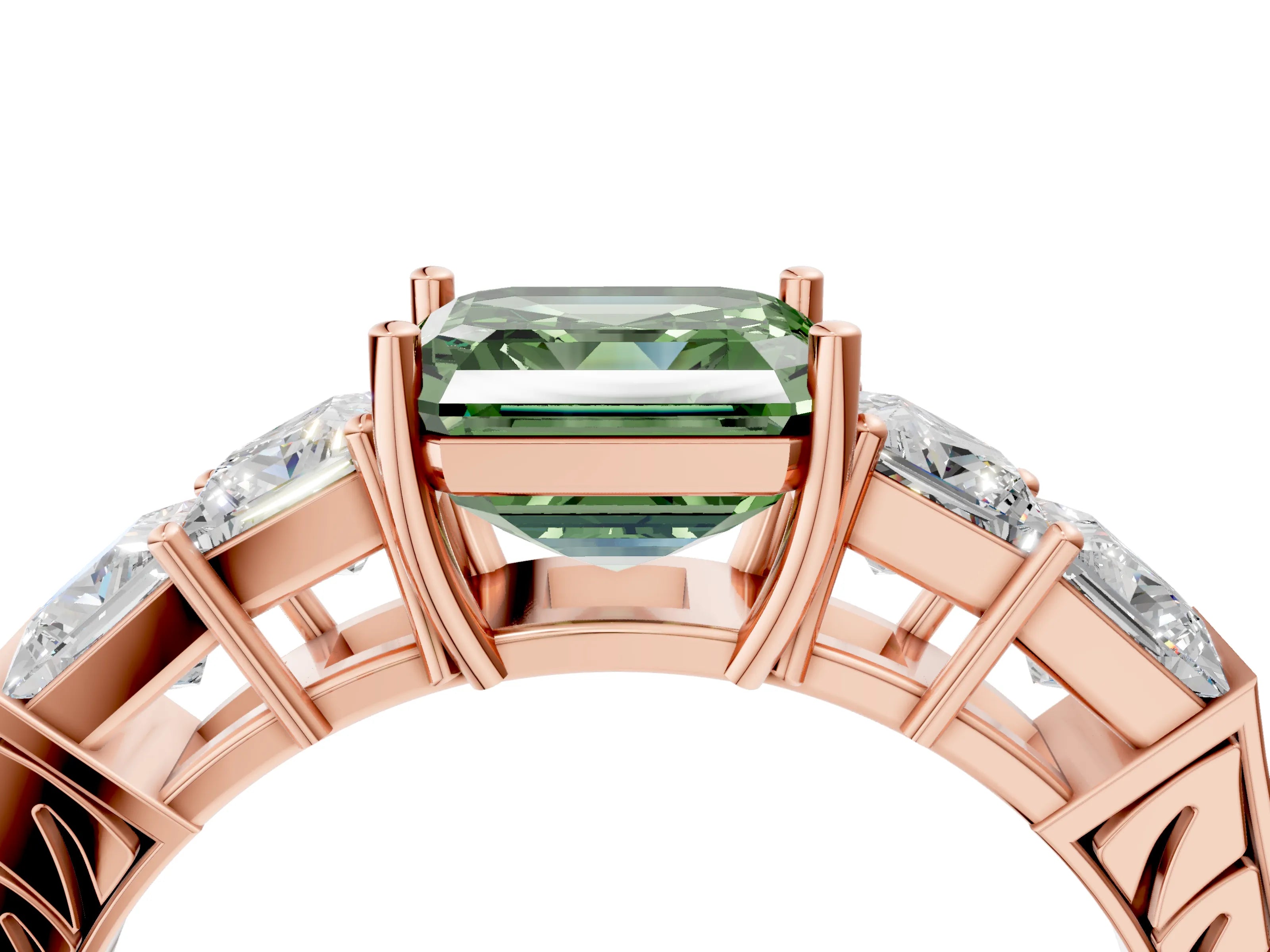 Rose gold Fancy Green Asscher Cut Solitaire Princess Side Stone Engraved Band Prong Setting Ring_4