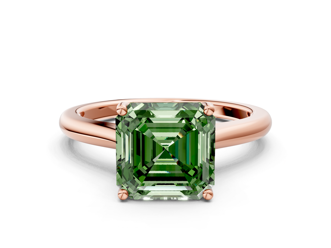 Rose gold Fancy Green Asscher  Cut Solitaire Ring with Cathedral Band and Four-Prong Setting