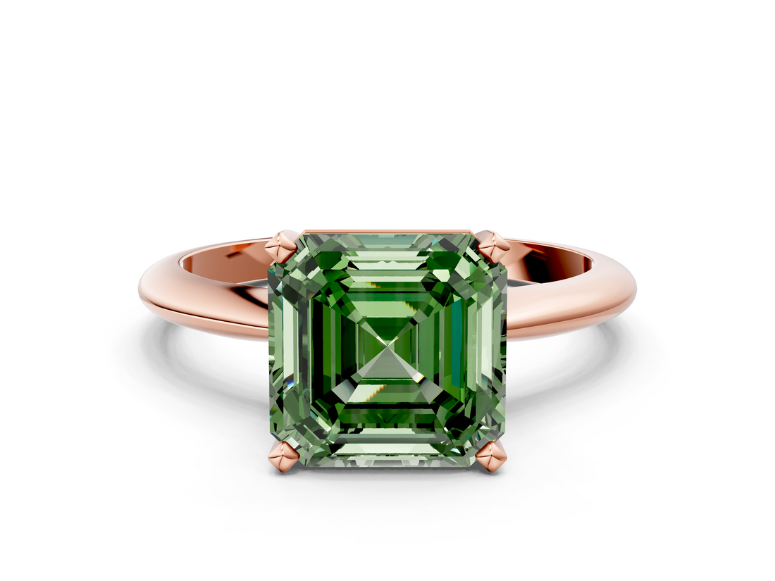 Rose gold Fancy Green Asscher  Cut Solitaire Ring with Four-Prong Setting on a Classic Band